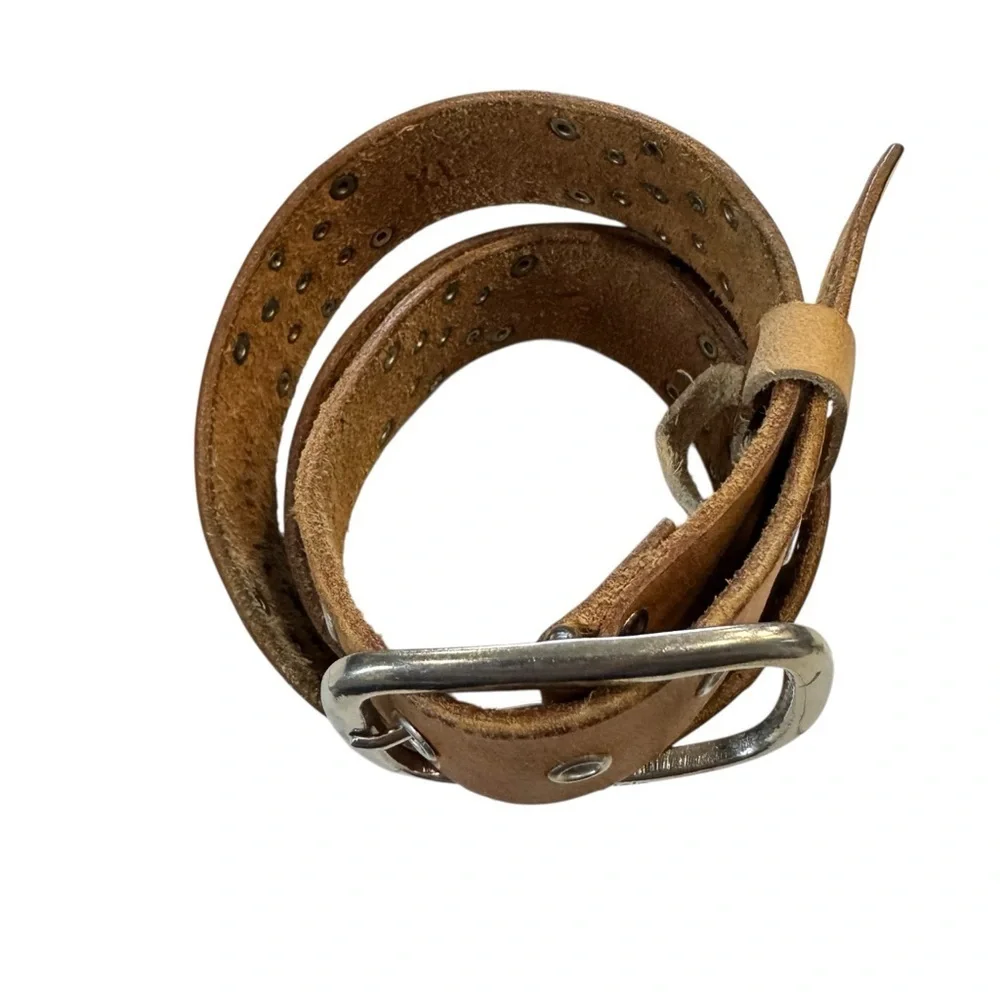 Calvin Klein Studded Leather Belt | Brown Western Boho | Silver Buckle XL